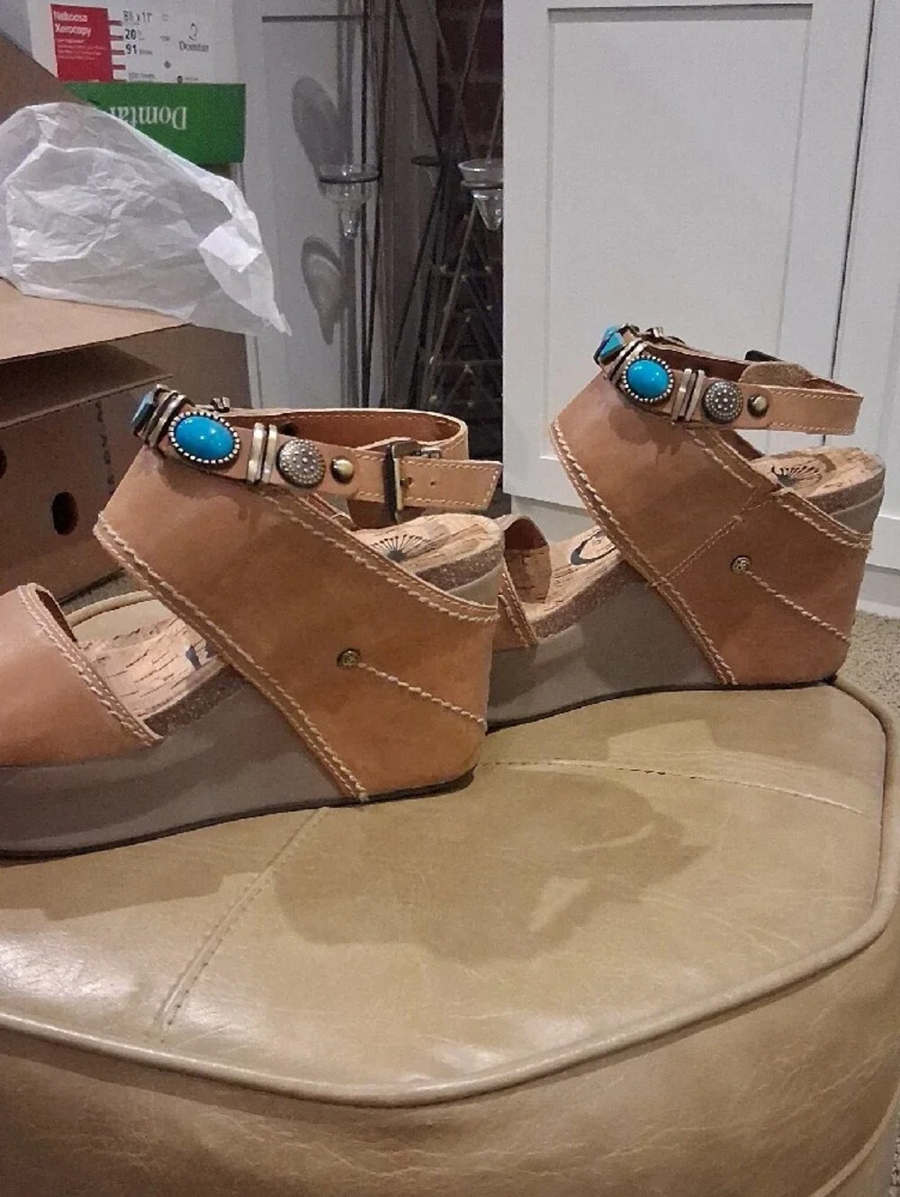 OTBT Wedge Sandals with Turquoise Accents - Tan